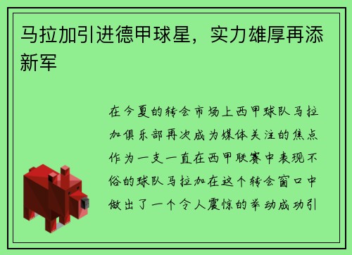 马拉加引进德甲球星，实力雄厚再添新军